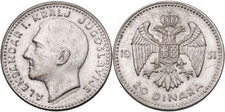 Jugoslávie, Alexandr I. 1921 - 1934, 20 Dinárů 1931