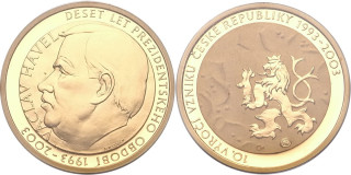 Česká republika - Au medaile 10. výročí vzniku ČR Proof