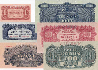 Československo 1944 - 1945, 1, 5, 20, 100, 500 a 1000 Koruna 1944 SPECIMEN
