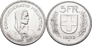 Švýcarsko, 5 Frank 1933 B