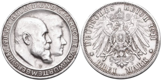 Německo, Württemberg, Wilhelm II. 1891 - 1918, 3 Marka 1911 F